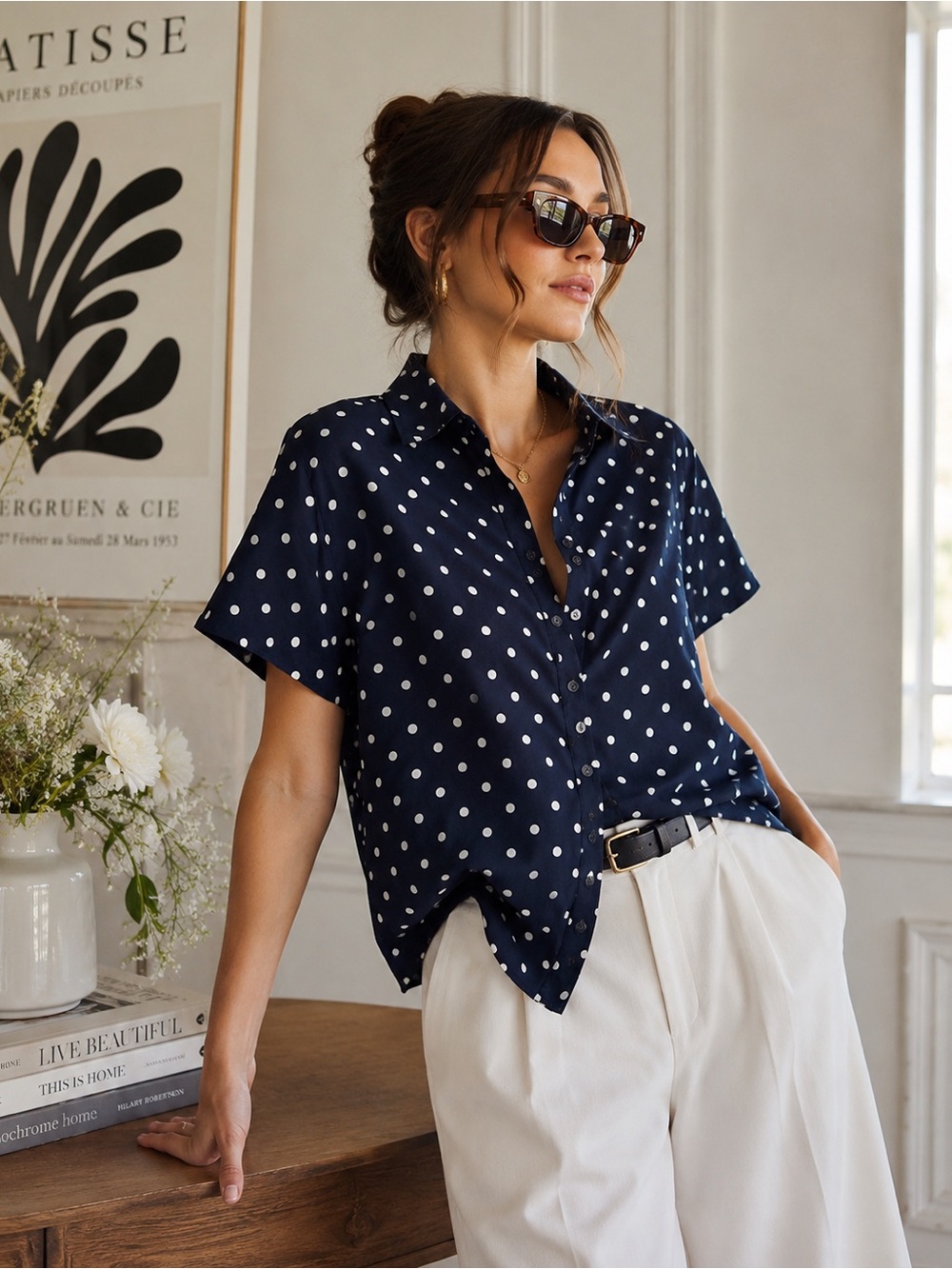 Talbots Pure Silk Navy Polka Dot Button Front Blouse | French Girl Style | Sz 6